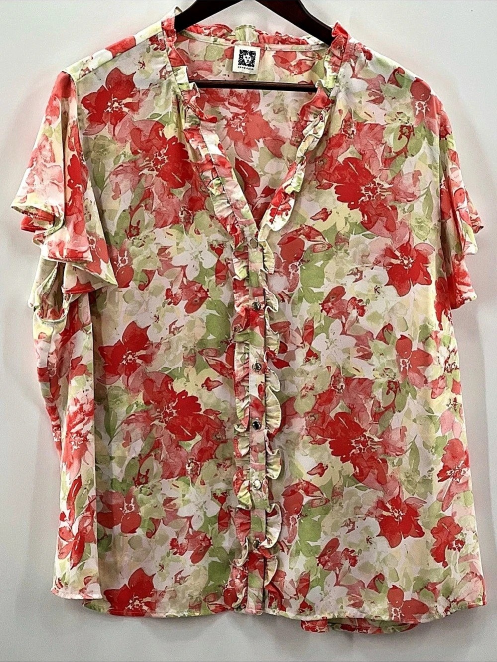 537 Anne Klein Floral Ruffle Blouse in Pink & Green Size 3X Like New